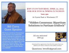 Event flyer for LWV of Litchfield with headshot of guest speaker Bill Curry