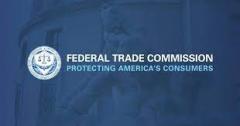 Federal Trade Commission logo over a blue background with an image of a statue and building behind the blue