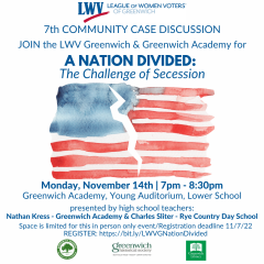 flyer with an image of a broken american flag for lwv greenwich event on secession