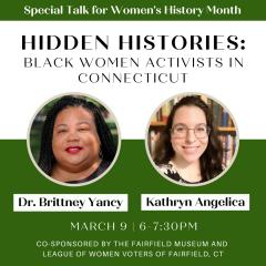 Flyer for hidden histories talk featuring speakers Dr. Brittney Yancy headshot (left) and Katheryn Angelica (right)