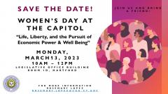 Women's Day at the Capitol event flyer with graphic of a crowd of faceless women in various shades of pink