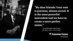 portrait image of John Lewis with quote about voting as most powerful nonviolent tool 