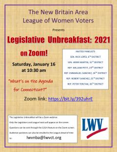 LWV New Britain Legislative Unbreakfast Flyer Jan 16 10:30 AM