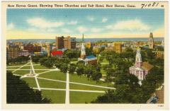 New Haven Green Postcard Showing Three Churches and Taft Hotel