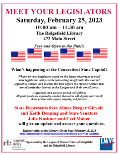 meet your legislator lwv ridgefield event flyer with american flag and league logo on the bottom
