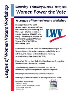 League of Women Voters of Greater Hartford Women Power the Vote February 8 2020 Voters Workshop Event Flyer