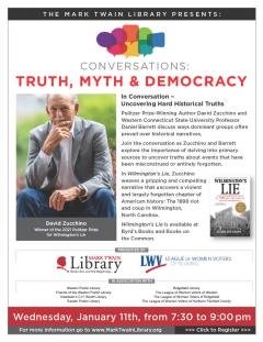 event flyer for redding lwv author event with mark twain library with photo of the author David Zucchino