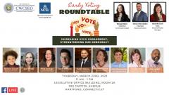 Early Voting roundtable event with headshots of 12 panelists