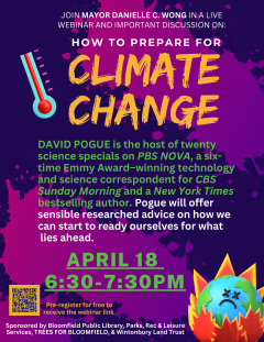 event flyer for climate change talk. Thermometer graphic in upper left hand corner and graphic of earth on fire in the bttom right corner