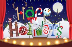 Happy Holidays spelled out on a stage with various winter and holiday themed images