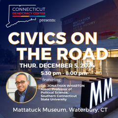 graphic with images and text about the Civics on the Road event on December 5th 2024