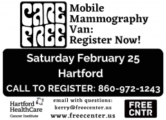 event flyer for free mobile, mammograms in black and white