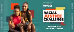 YWCA racial justice challenge graphic with image of two young women sitting side by side