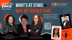 graphic for event" What's at Stake and Why We Should Care" hosted by YWCA Hartford