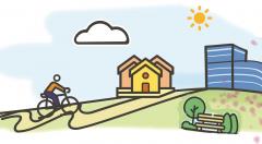 clipart image showing bicycle on path winding alongside house, office building, park bench