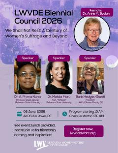 LWVDE Biennial Council June 6, 2026 full event flier is shown with speaker photos, etc.