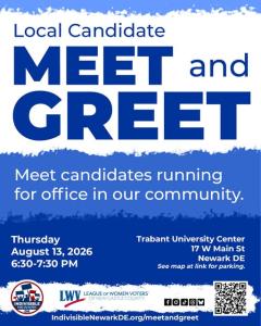 Local Candidate Meet and Greet - blue/white event graphic shown with date, address, sponsors, QR code