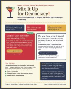 League of Women Voters of New Castle County presents Mix It Up for Democracy! (Guest Bartender Night fundraiser - full event flyer shown)