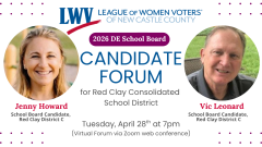2026 DE School Board Candidate Forum for Red Clay School District, Tuesday April 28th at 7pm (virtual forum via Zoom web conference). Headshot photos of candidates Jenny Howard and Vic Leonard are shown.