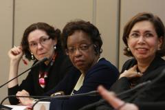 Three women discussing judicial diversity