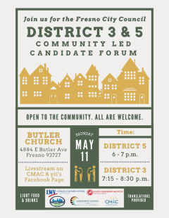 Information on Fresno City Council District 3 and 5 Candidate Forum May 11