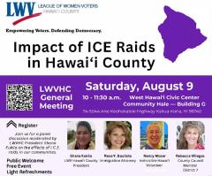 Impact of ICE Raids in Hawai'i County, with smiling headshots of Shana Kukila, LWV Hawai'i County President; Rose Buatista, immigration attorney; Nancy Moser, Indivisible Hawai'i volunteer; and Rebecca Villegas, County Council Member District 7