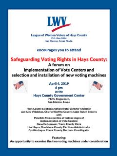 Flyer "Safeguarding Voting Rights in Hays County" April 4, 6pm
