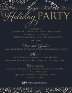 Dec. 12, 11:30-2 pm Holiday Party at Palmetto Hall 