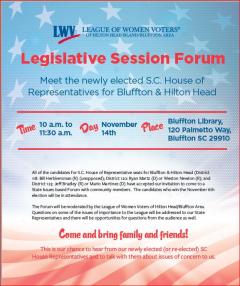 SC House Rep Forum, Nov. 14, 10 am, Bluffton Library