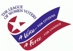 Graphic - Star with League of Women Voters above and  a sweeping bow in red and blue upon which the following text is written:  "A voice for citizens, A force for change" 
