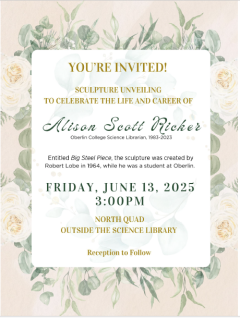 Invitation to attend the sculpture unveliling in honor of Alison Scott Ricker