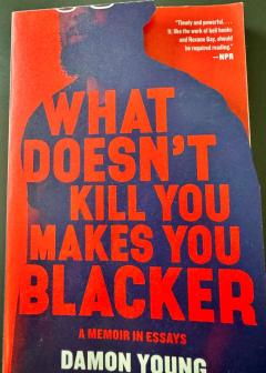 Book cover of Damon Young What Doesn't Kill You Makes You Blacker: A Memoir in Essays - Red text on black silhouette