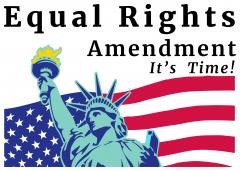 image of the Statue of liberty in front of flag, with Equal Rights Amendment - It's Time 