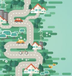cartoon graphic shows houses, green areas, roads, cars and bicycles