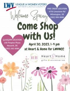Welcome Spring - Come Shop With Us!  April 30, 2023, 1-4 pm at Heart & Home for LWVNCC