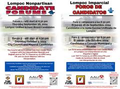 Lompoc Candidate Forums flyer in English & Spanish