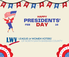Happy Presidents' day, cartoon woman cheering, RWB bunting