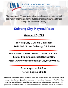 Solvang City Mayor Candidates Forum Flyer Oct 23, 2024