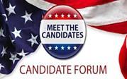 Meet The Candidates Button surrounded by flag
