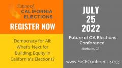 FOCE Graphic with words " Democracy for All " and " What's next for Building Equity in California Elections? "