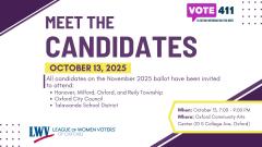 Flyer for the 2025 Meet the Candidates forum on October 18th at 7pm at OCAC