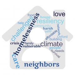 word cloud in the shape of a house that has words related to homelessness