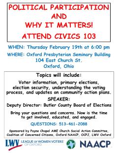 Flyer for Political Participation & Why It Matters (Civics 103) at 6pm on Thursday, February 19  at Oxford Presbyterian Seminary Bldg, 104 E. Church St., Oxford