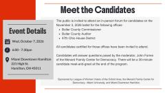 Flyer for the 2026 meet the candidates event. Will be on Oct 7th at 6pm at Miami Downtown Hamilton