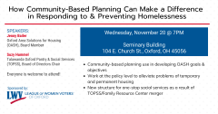 Flyer for How community-based planning can make a difference in responding to and preventing homelessness event. The event is at 7pm Nov 20th, at 104 E Church St