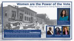 Image includes historical photo of women marching in street and Dr Carolyn Jefferson-Jenkins
