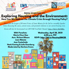 flyer on background of blue sky with part of a building overhanging and a palm tree.Exploring Housing and the Environment: How Can We Address the climate crisis through housing policy. second in a monthly series