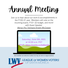 Annual Meeting. Join Us to hear about our work and accomplishments, vote on budget, program. June 5 at 10 am