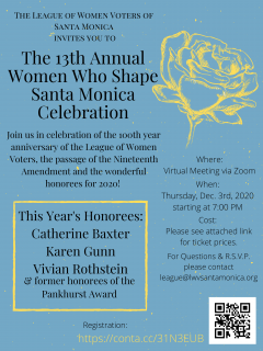Informational Flyer for Women Who Shape Santa Monica 2020 Celebration. Blue Background with yellow rose image and text