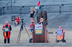 Lynn Teague speaks from the State House steps, Workers Over Billionaires Rally, Labor Day 2025 State House 